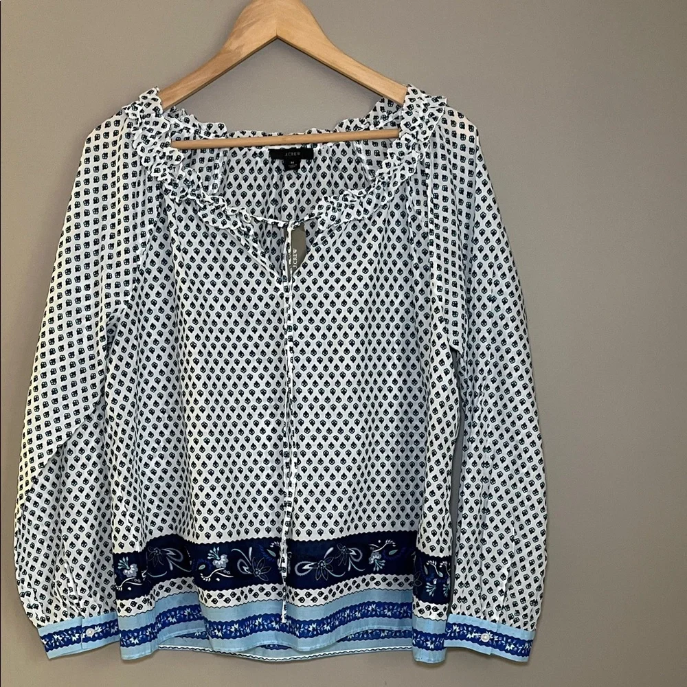 J.Crew Tie-front Ruffle Top in Blue Ribbon Block Print Organic Cotton NWT Medium - Picture 2 of 10